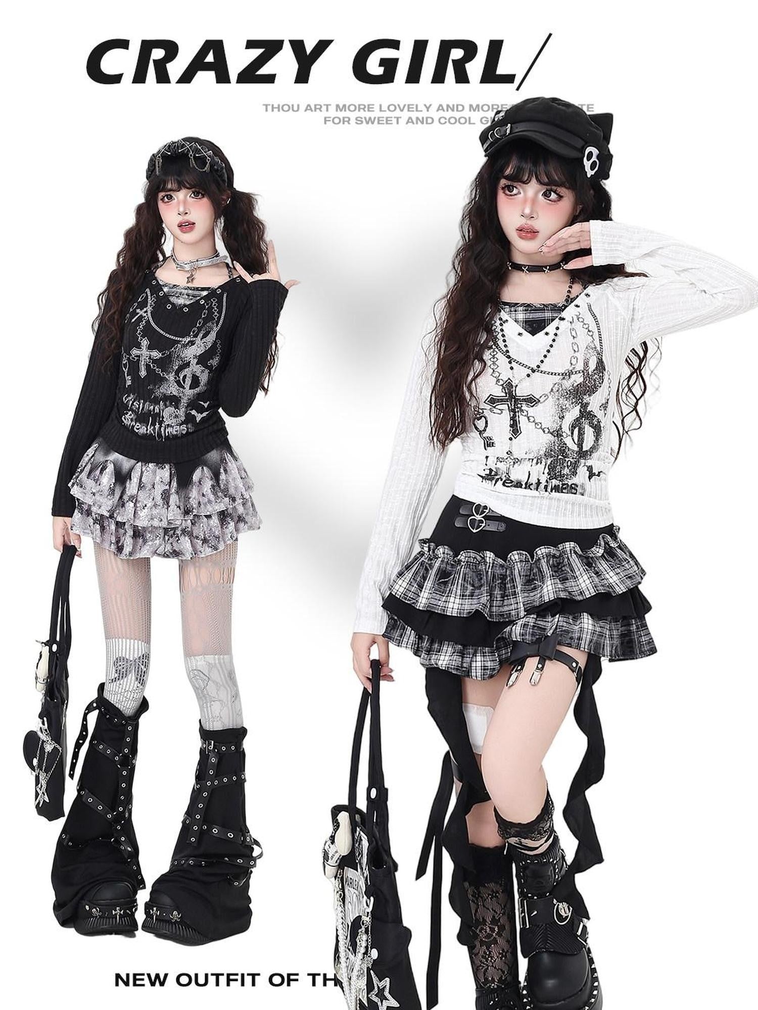 CRAZYGIRL Halter Chain Print Faux Two Piece Slim Women's Knit Long Sleeve T-shirts