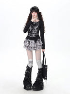 CRAZYGIRL Halter Chain Print Faux Two Piece Slim Women's Knit Long Sleeve T-shirts