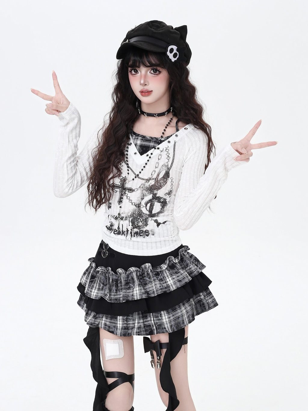 CRAZYGIRL Halter Chain Print Faux Two Piece Slim Women's Knit Long Sleeve T-shirts