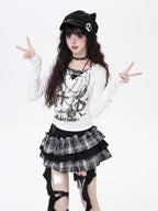 CRAZYGIRL Halter Chain Print Faux Two Piece Slim Women's Knit Long Sleeve T-shirts