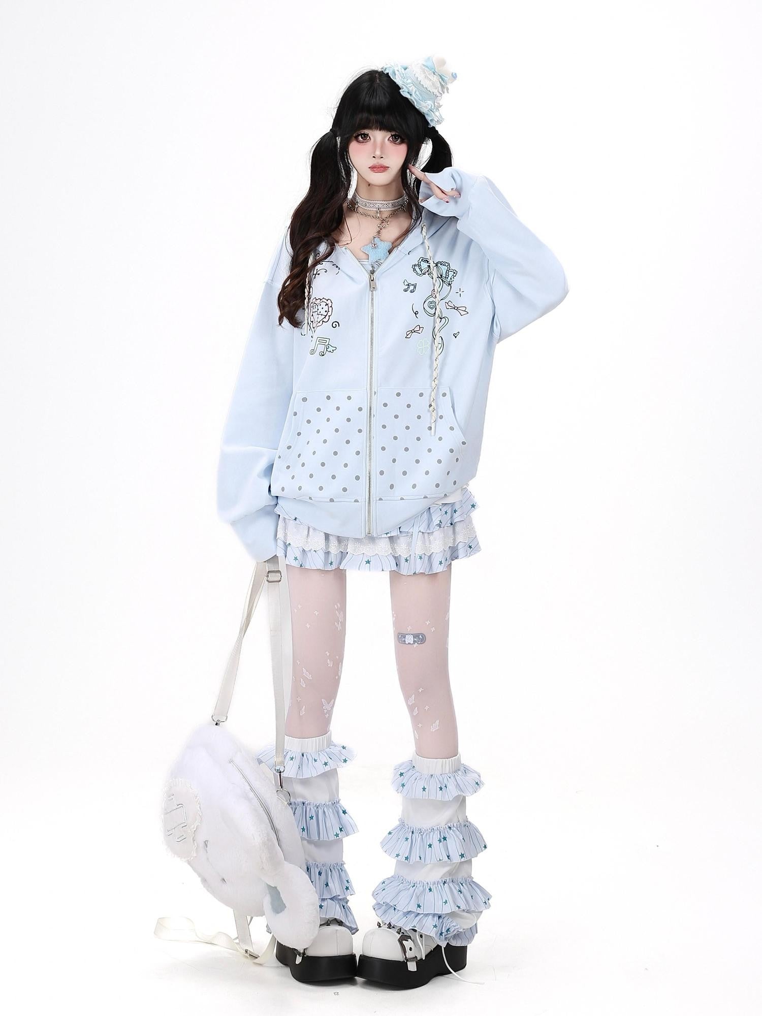 CRAZYGIRL Hand Painted Heart Bow Polka Dot Pocket Graffiti Zipper Loose Women's Hoodies