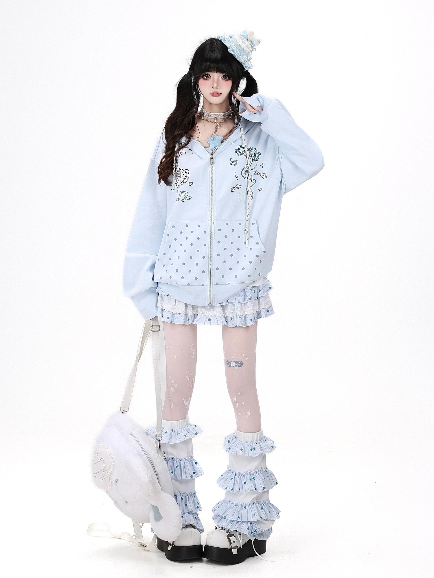 CRAZYGIRL Hand Painted Heart Bow Polka Dot Pocket Graffiti Zipper Loose Women's Hoodies