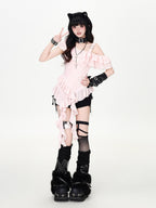 CRAZYGIRL Heart Print Ruffle Sleeve Cinched Waist Women's Short Sleeve T-shirts