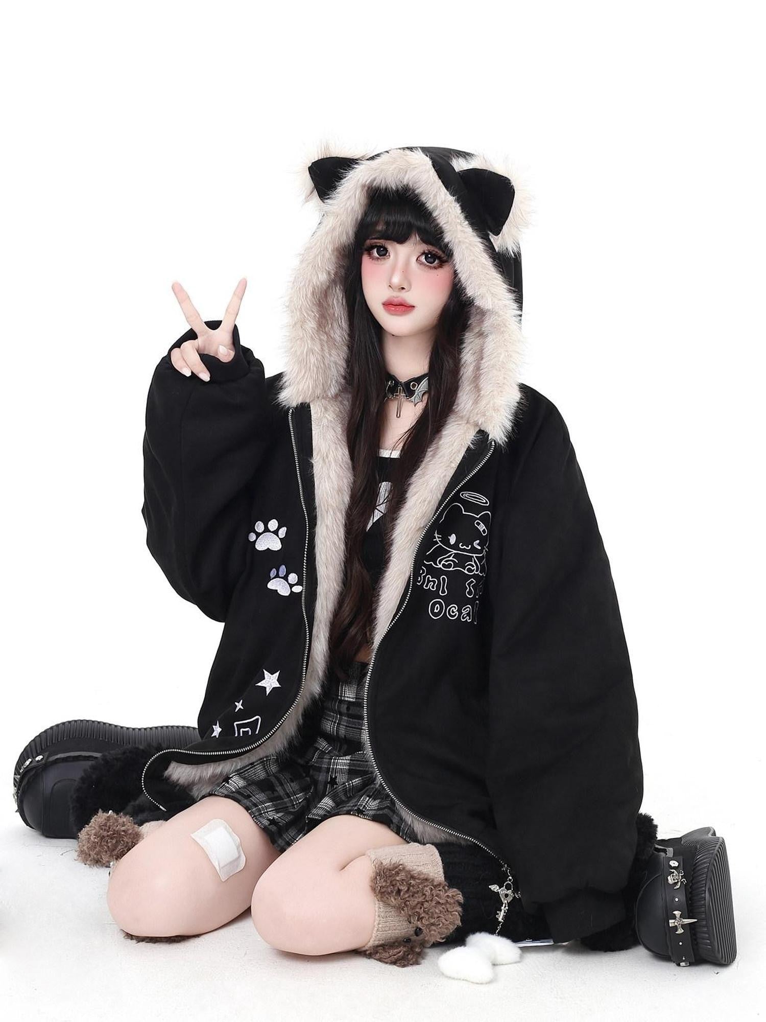 CRAZYGIRL Home Style Cat Ear Hooded Women's Suede Plush Cotton Lined Puffer Jackets
