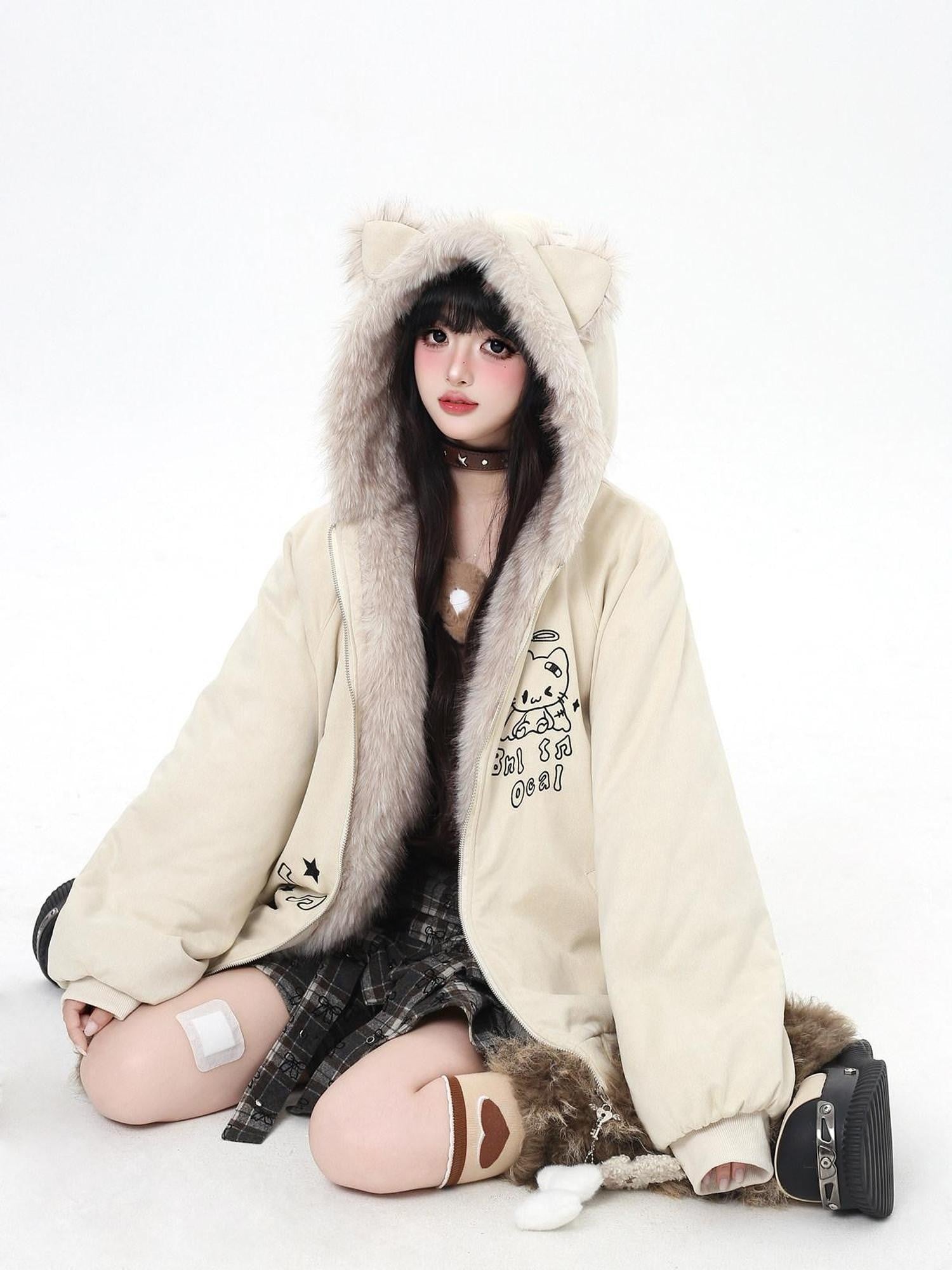 CRAZYGIRL Home Style Cat Ear Hooded Women's Suede Plush Cotton Lined Puffer Jackets