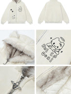 CRAZYGIRL Home Style Cat Ear Hooded Women's Suede Plush Cotton Lined Puffer Jackets