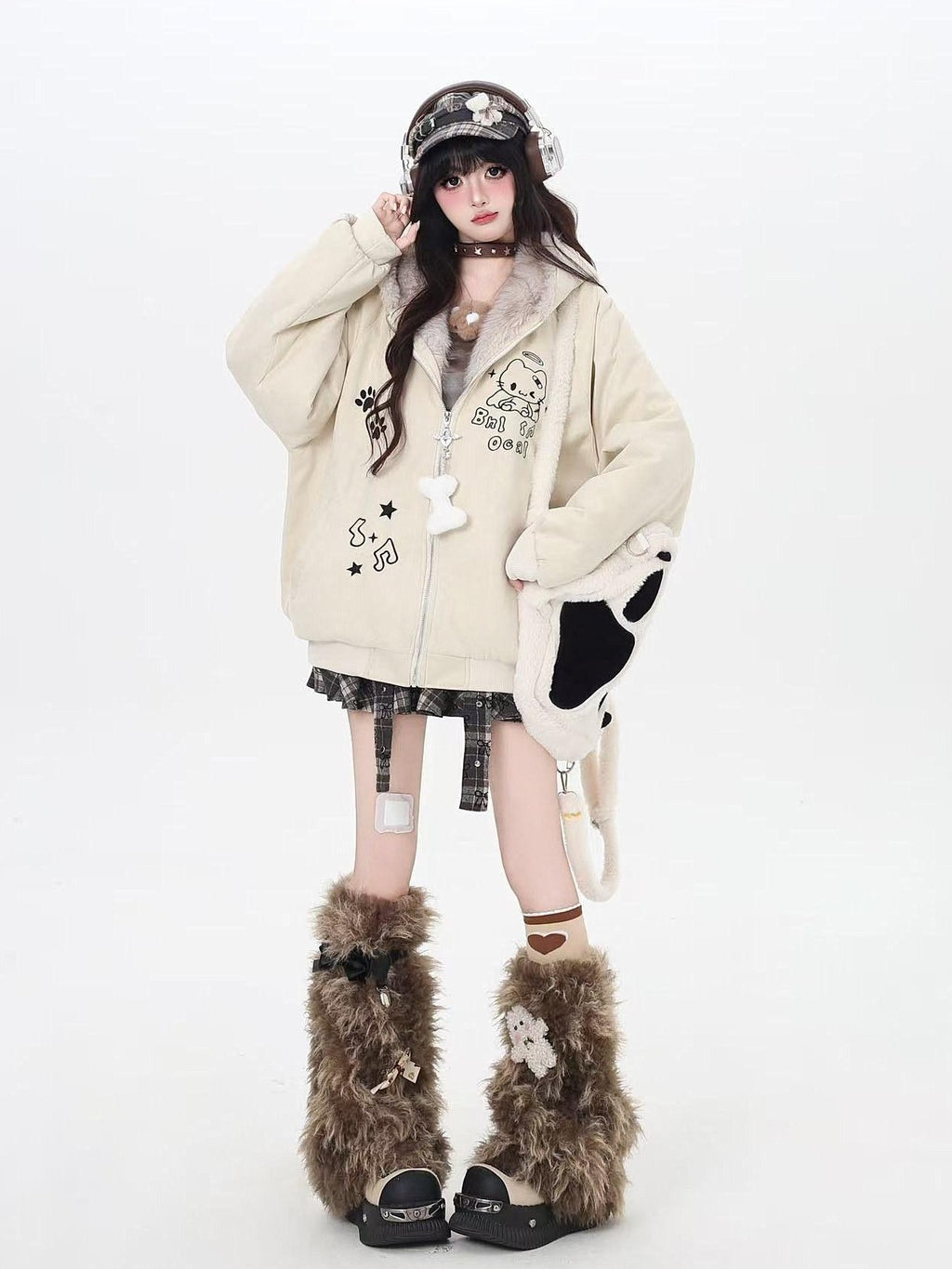 CRAZYGIRL Home Style Cat Ear Hooded Women's Suede Plush Cotton Lined Puffer Jackets