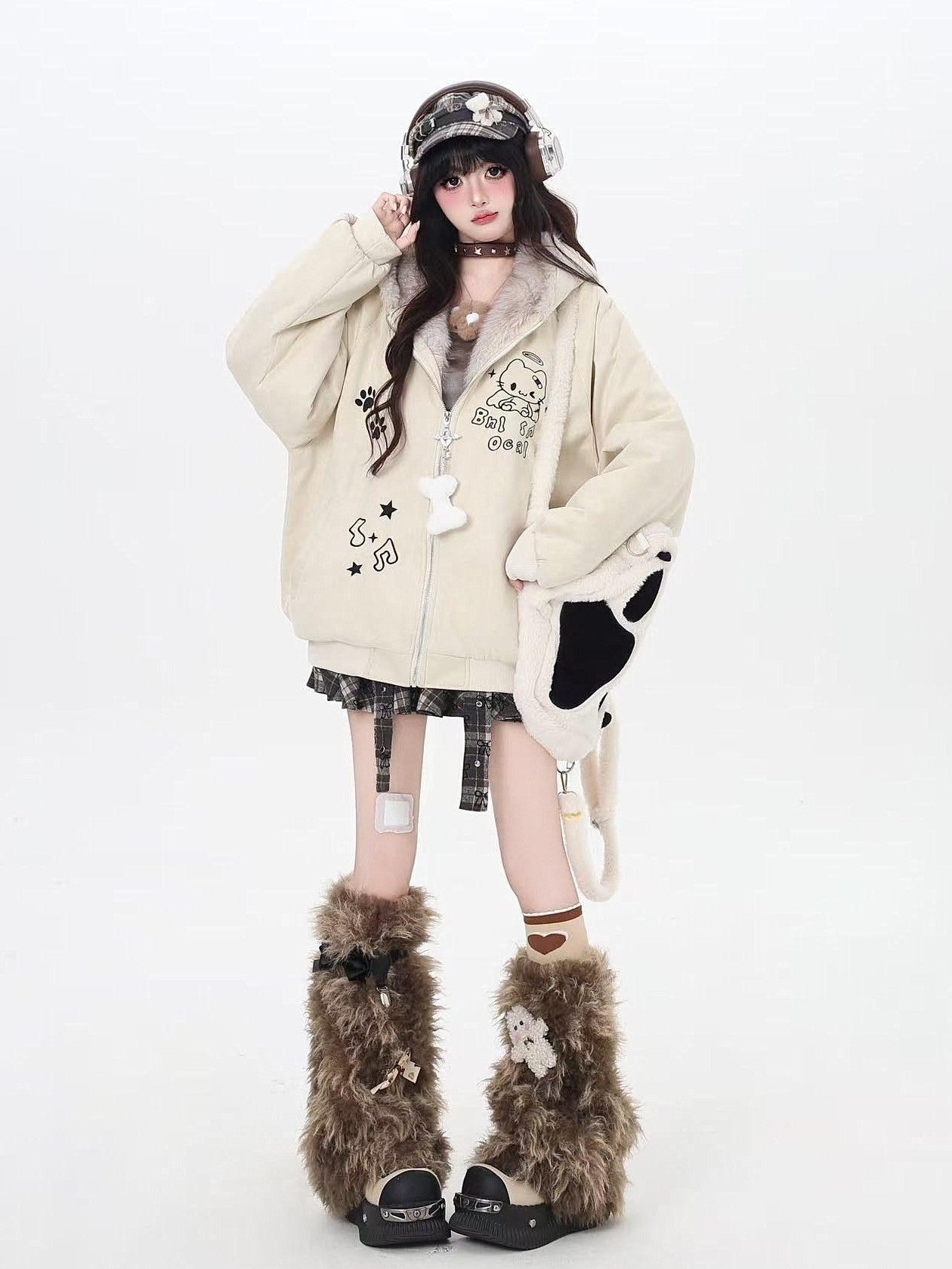 CRAZYGIRL Home Style Cat Ear Hooded Women's Suede Plush Cotton Lined Puffer Jackets