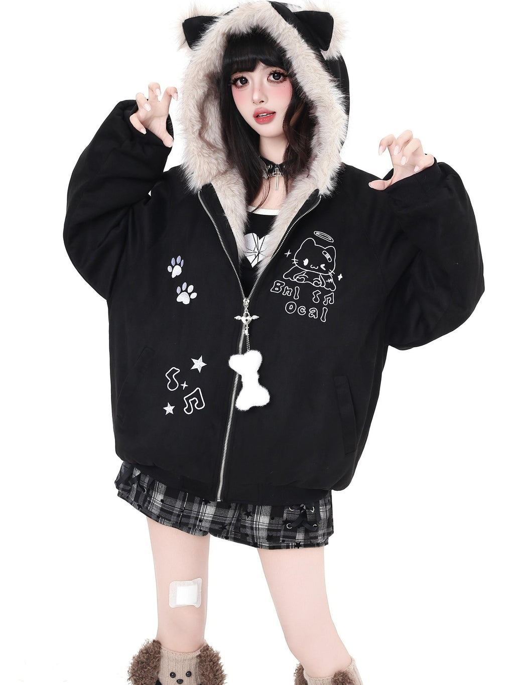 CRAZYGIRL Home Style Cat Ear Hooded Women's Suede Plush Cotton Lined Puffer Jackets