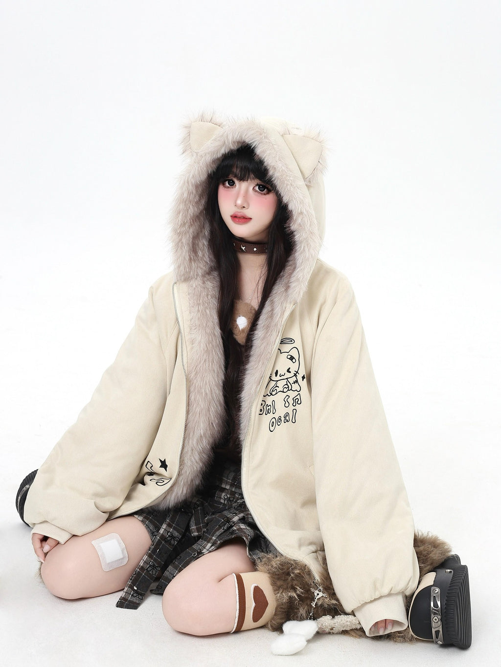CRAZYGIRL Home Style Cat Ear Hooded Women's Suede Plush Cotton Lined Puffer Jackets