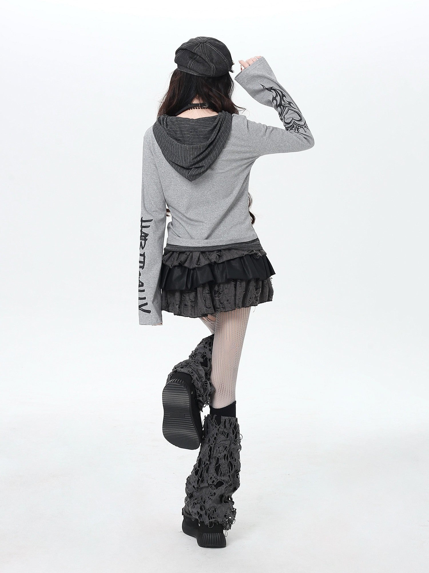 CRAZYGIRL Hooded Letter Print Splice Faux Two Piece Slim Women's Long Sleeve T-shirts