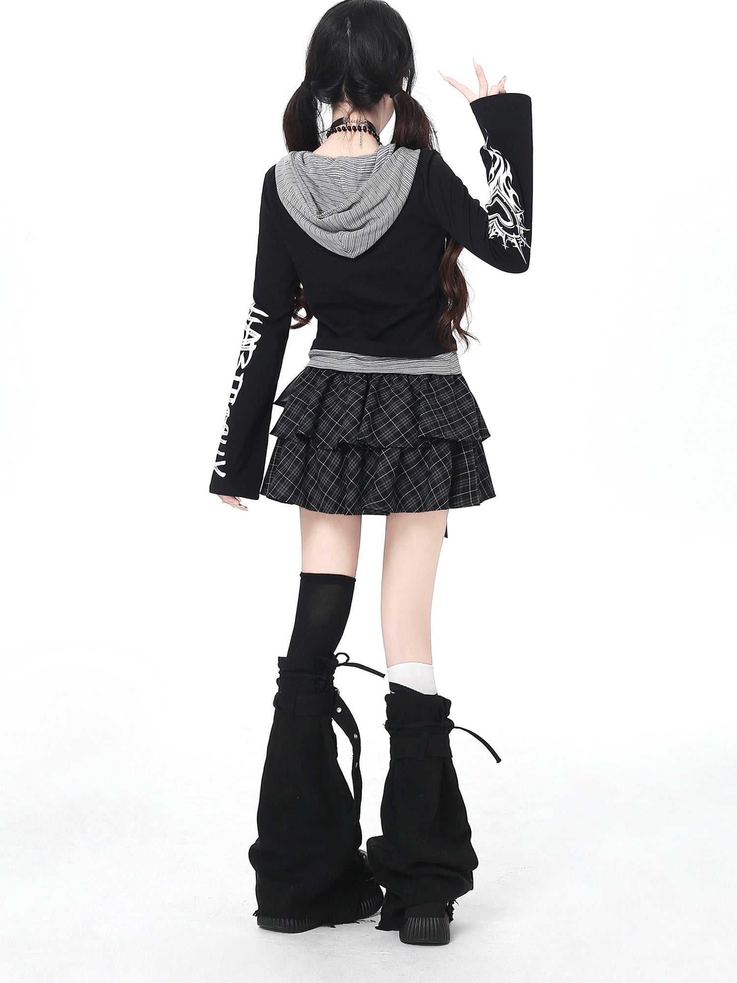 CRAZYGIRL Hooded Letter Print Splice Faux Two Piece Slim Women's Long Sleeve T-shirts