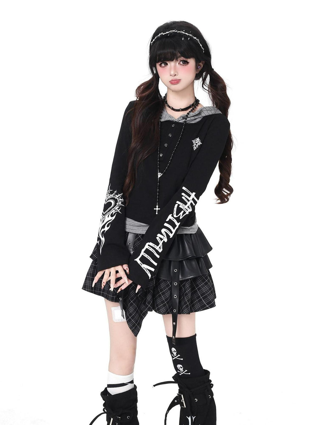 CRAZYGIRL Hooded Letter Print Splice Faux Two Piece Slim Women's Long Sleeve T-shirts