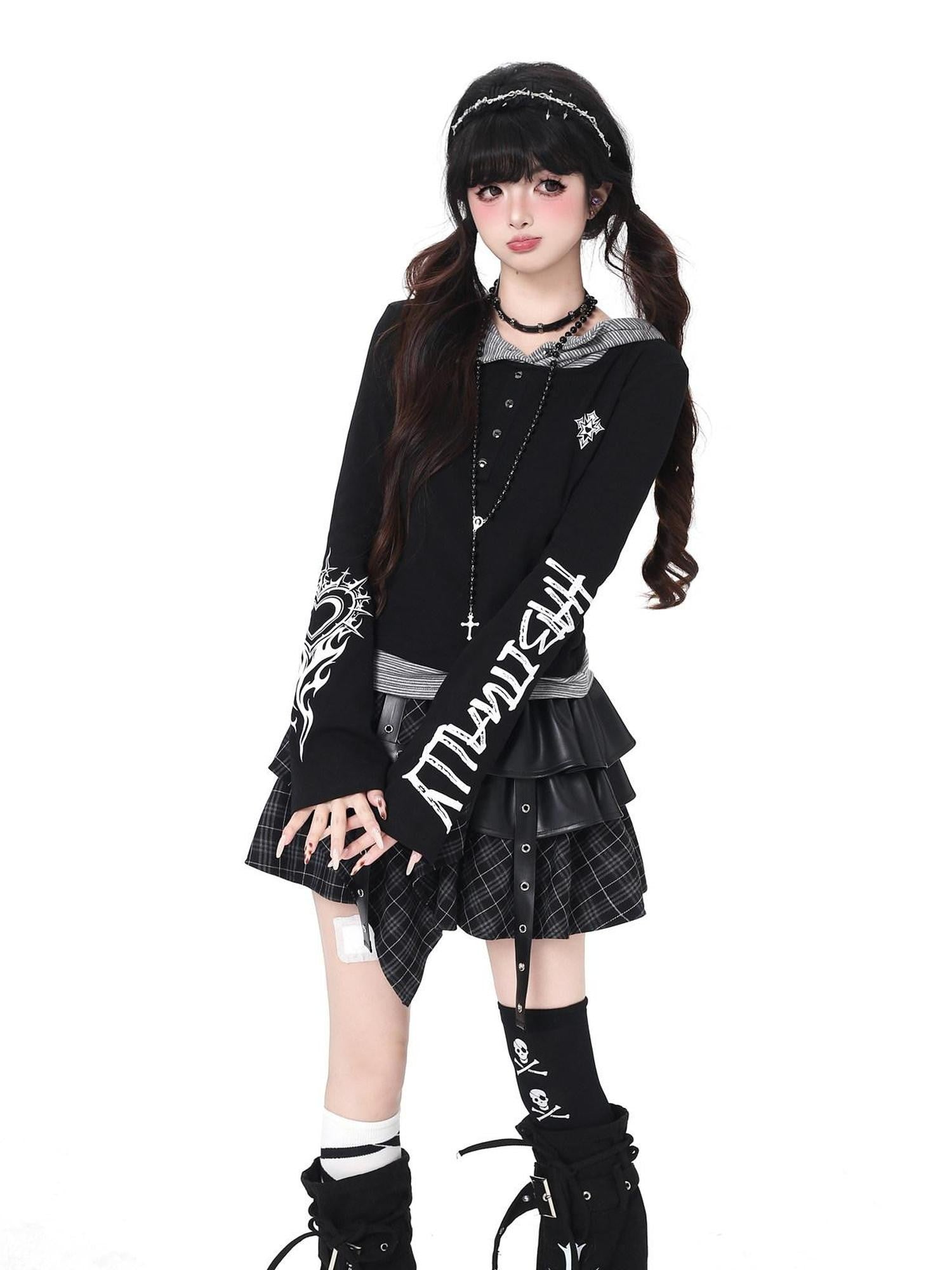 CRAZYGIRL Hooded Letter Print Splice Faux Two Piece Slim Women's Long Sleeve T-shirts