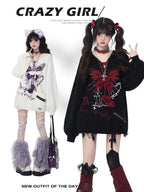 CRAZYGIRL Hooded V-neck Lantern Sleeve Loose Butterfly Print Bow Women's Sweaters