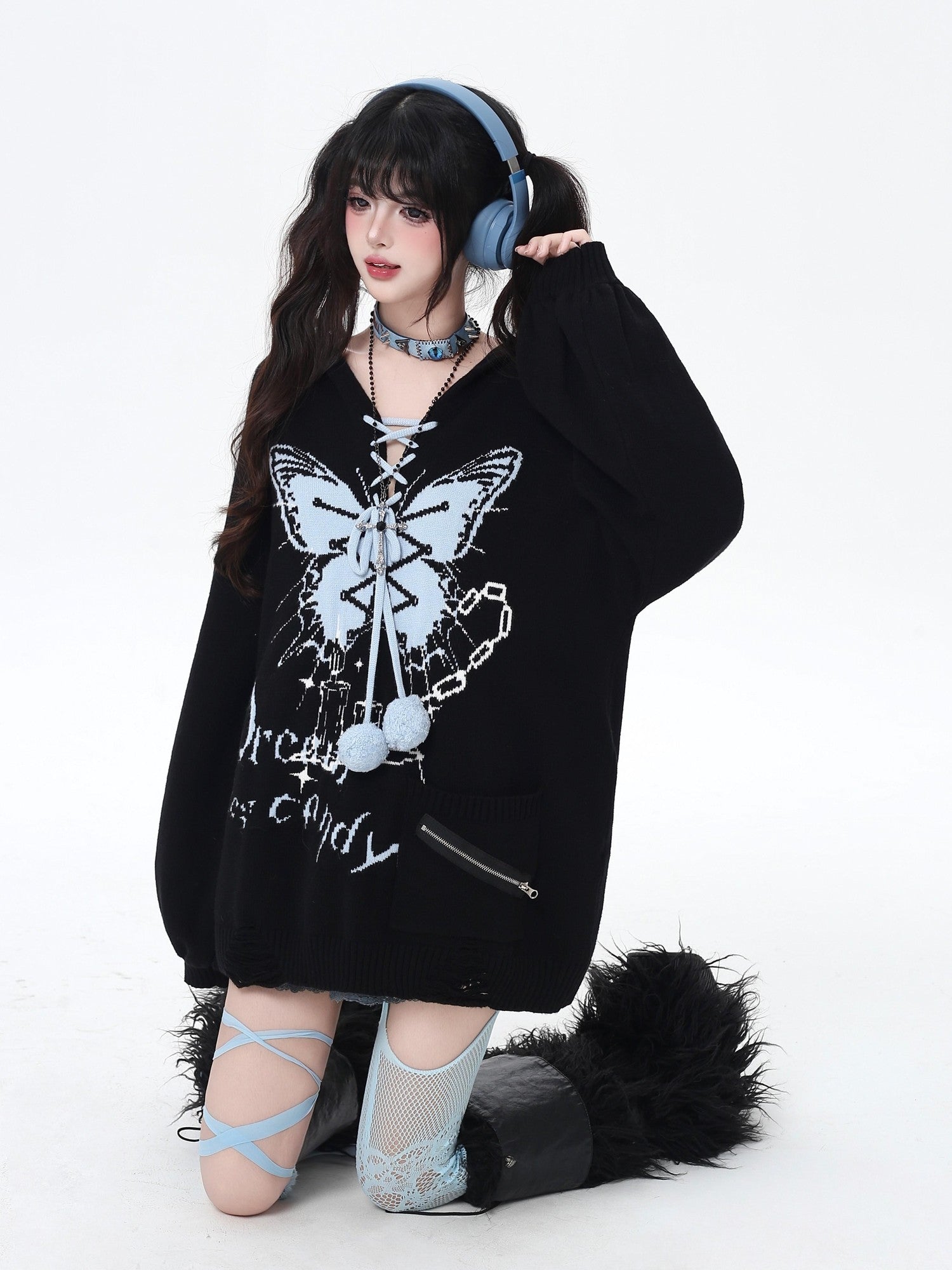 CRAZYGIRL Hooded V-neck Lantern Sleeve Loose Butterfly Print Bow Women's Sweaters