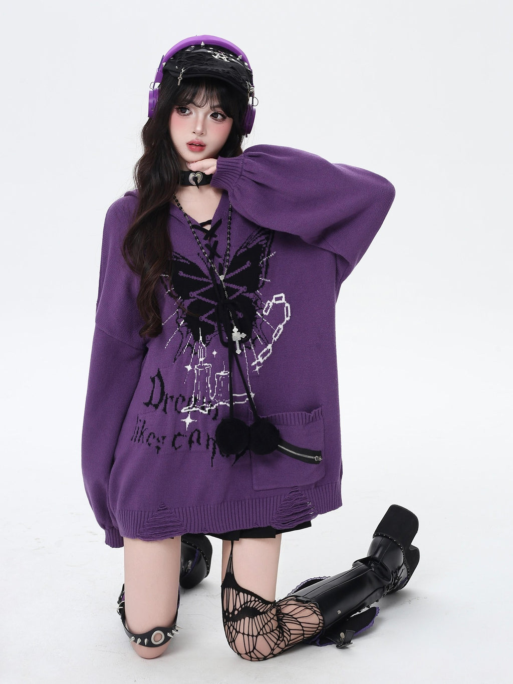 CRAZYGIRL Hooded V-neck Lantern Sleeve Loose Butterfly Print Bow Women's Sweaters