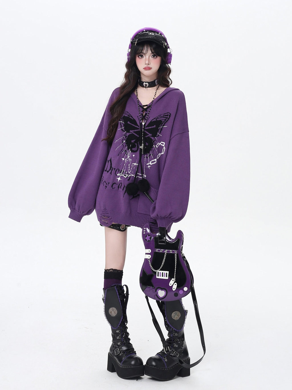 CRAZYGIRL Hooded V-neck Lantern Sleeve Loose Butterfly Print Bow Women's Sweaters