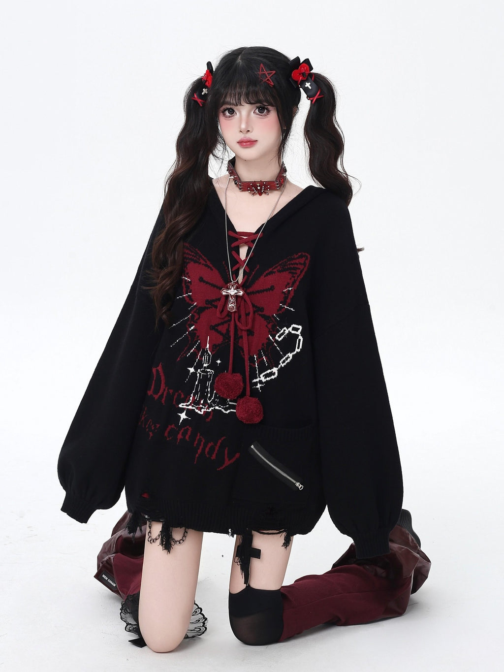 CRAZYGIRL Hooded V-neck Lantern Sleeve Loose Butterfly Print Bow Women's Sweaters