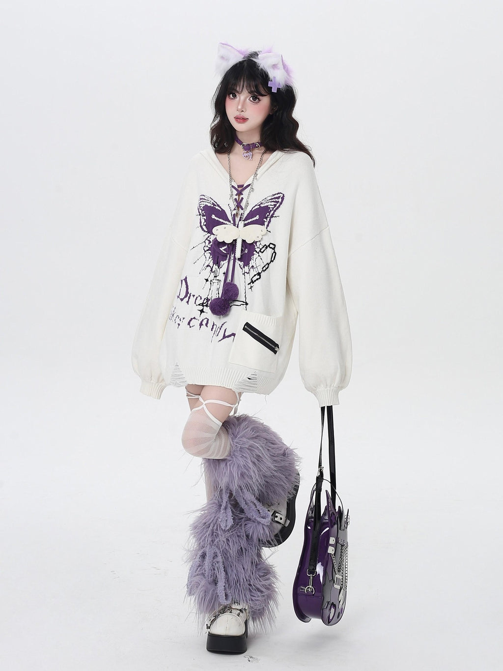 CRAZYGIRL Hooded V-neck Lantern Sleeve Loose Butterfly Print Bow Women's Sweaters