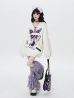CRAZYGIRL Hooded V-neck Lantern Sleeve Loose Butterfly Print Bow Women's Sweaters