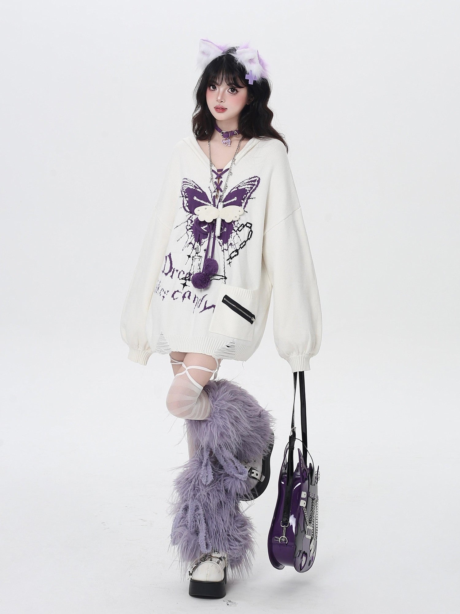 CRAZYGIRL Hooded V-neck Lantern Sleeve Loose Butterfly Print Bow Women's Sweaters