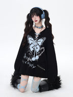 CRAZYGIRL Hooded V-neck Lantern Sleeve Loose Butterfly Print Bow Women's Sweaters