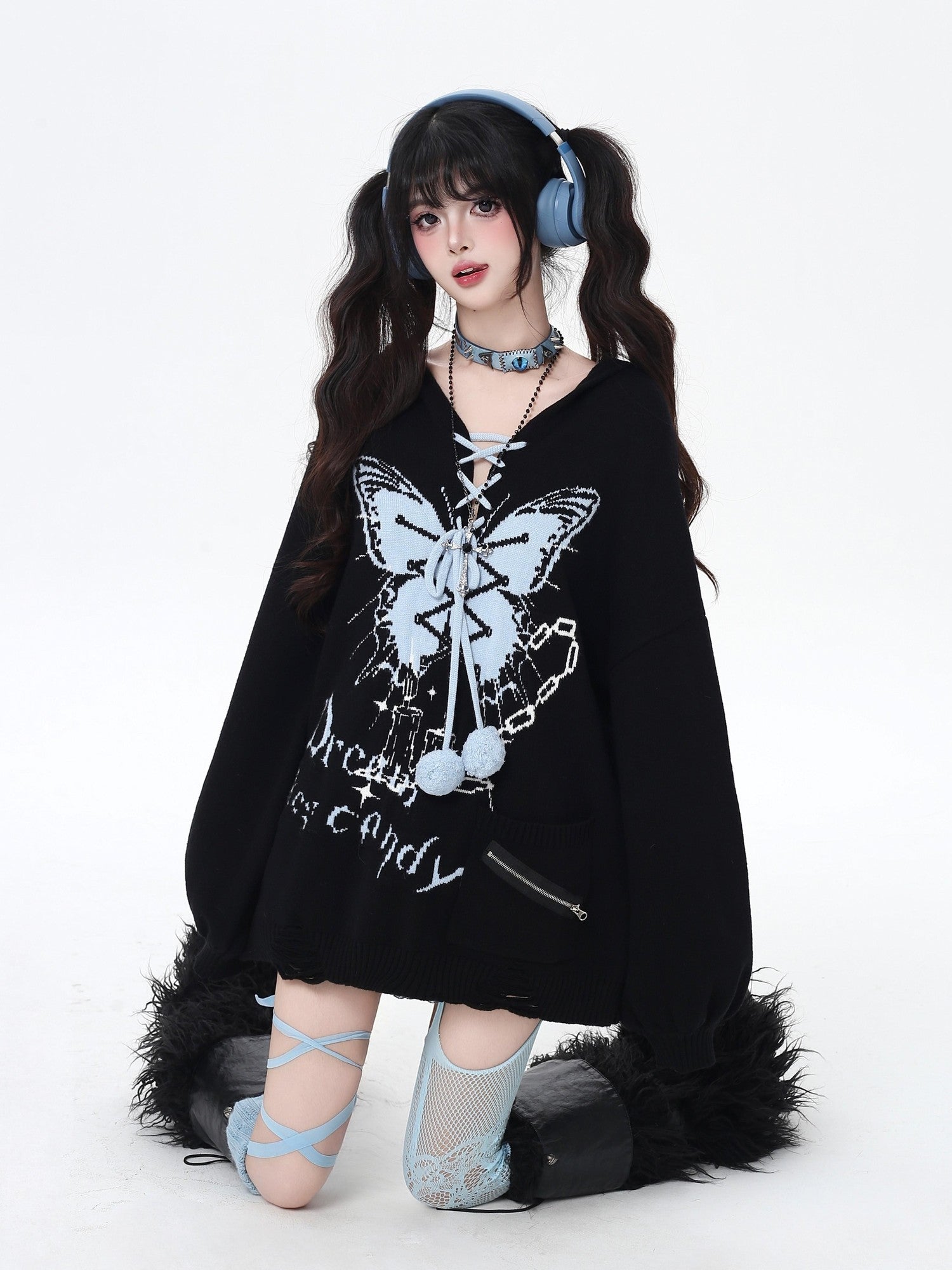 CRAZYGIRL Hooded V-neck Lantern Sleeve Loose Butterfly Print Bow Women's Sweaters