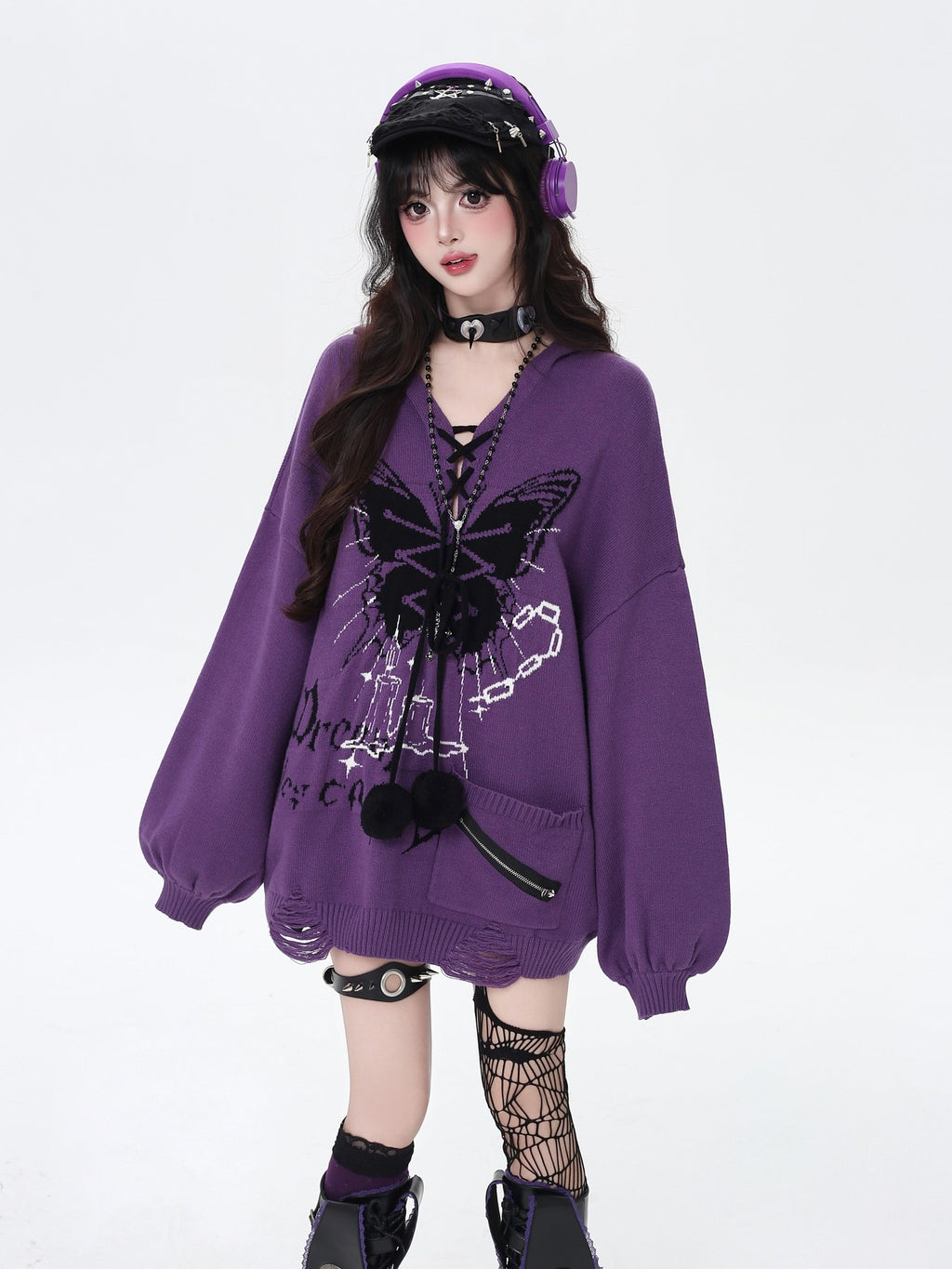 CRAZYGIRL Hooded V-neck Lantern Sleeve Loose Butterfly Print Bow Women's Sweaters