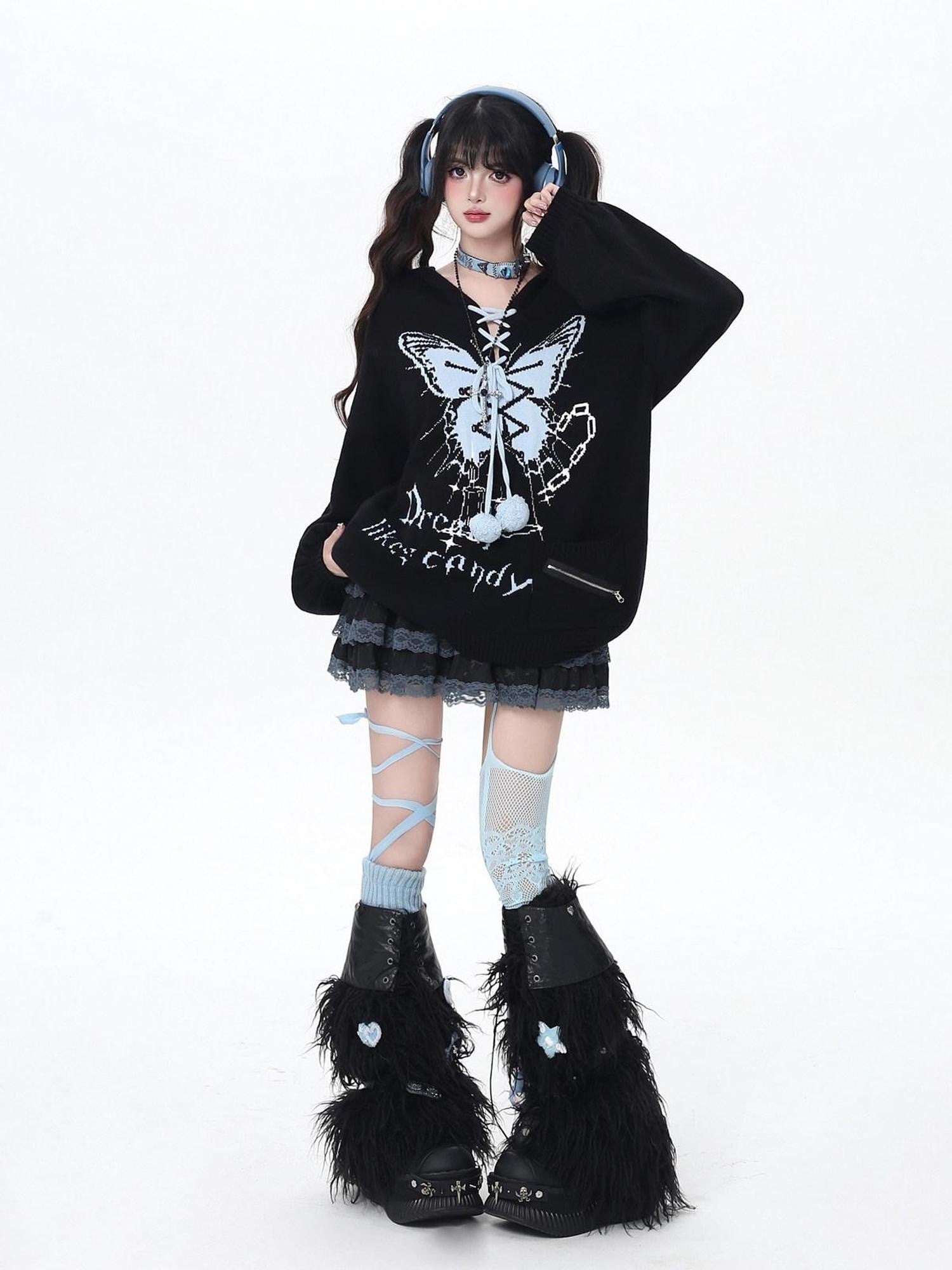 CRAZYGIRL Hooded V-neck Lantern Sleeve Loose Butterfly Print Bow Women's Sweaters