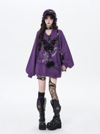 CRAZYGIRL Hooded V-neck Lantern Sleeve Loose Butterfly Print Bow Women's Sweaters