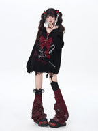 CRAZYGIRL Hooded V-neck Lantern Sleeve Loose Butterfly Print Bow Women's Sweaters