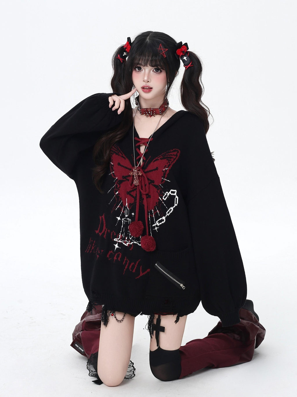 CRAZYGIRL Hooded V-neck Lantern Sleeve Loose Butterfly Print Bow Women's Sweaters