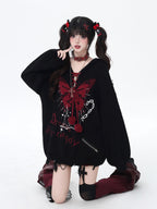 CRAZYGIRL Hooded V-neck Lantern Sleeve Loose Butterfly Print Bow Women's Sweaters