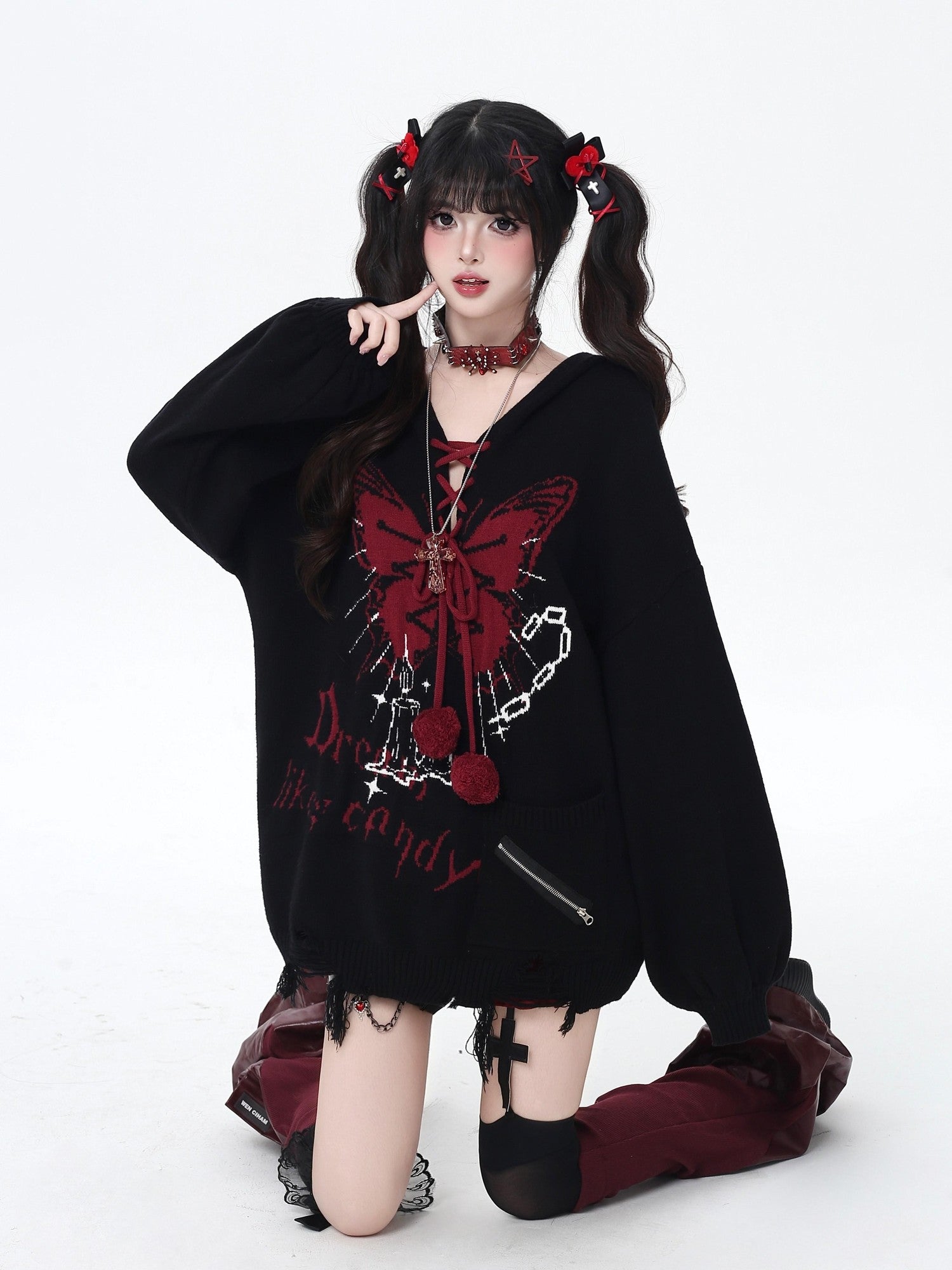 CRAZYGIRL Hooded V-neck Lantern Sleeve Loose Butterfly Print Bow Women's Sweaters