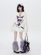 CRAZYGIRL Hooded V-neck Lantern Sleeve Loose Butterfly Print Bow Women's Sweaters