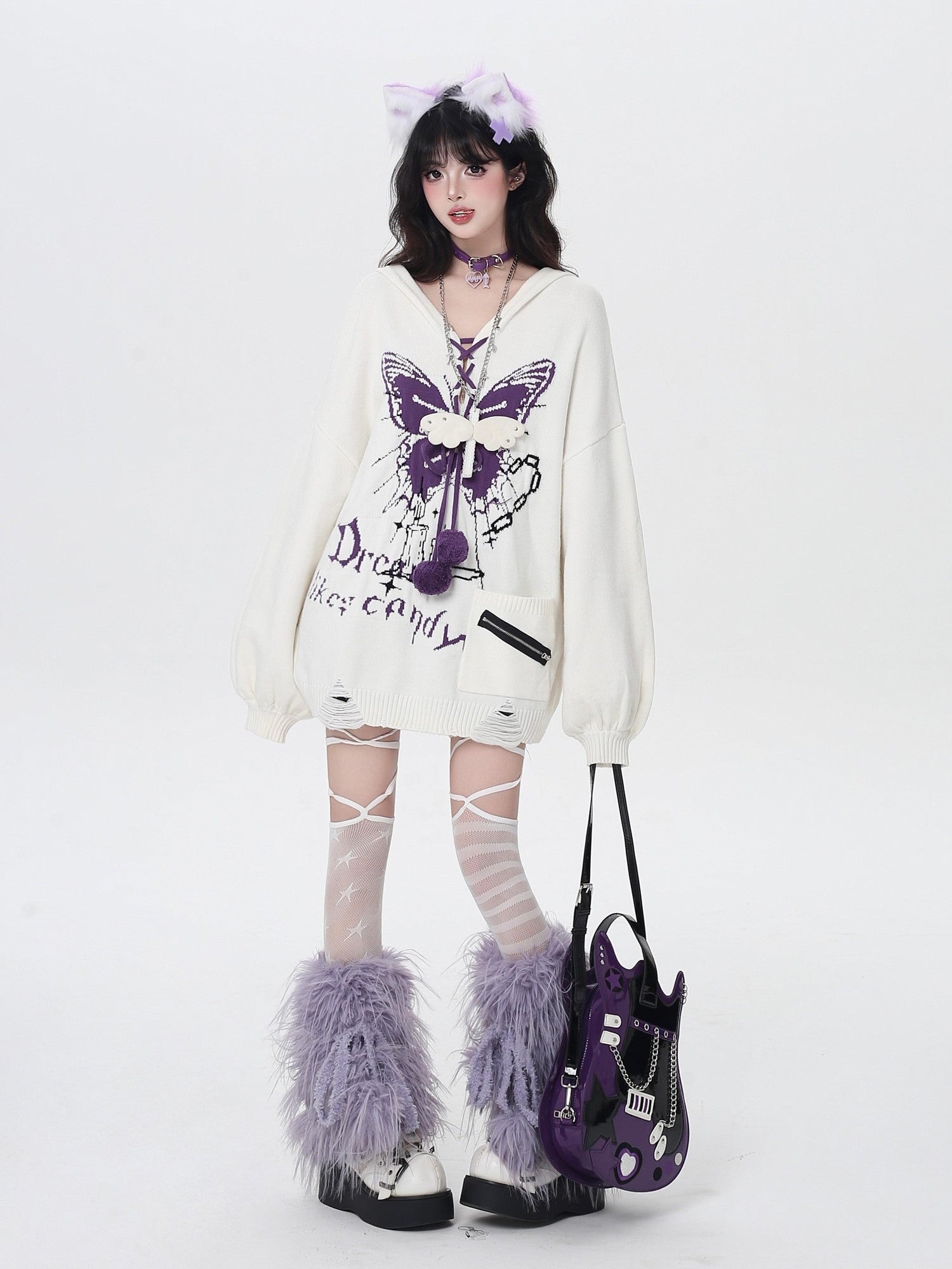 CRAZYGIRL Hooded V-neck Lantern Sleeve Loose Butterfly Print Bow Women's Sweaters