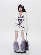 CRAZYGIRL Hooded V-neck Lantern Sleeve Loose Butterfly Print Bow Women's Sweaters