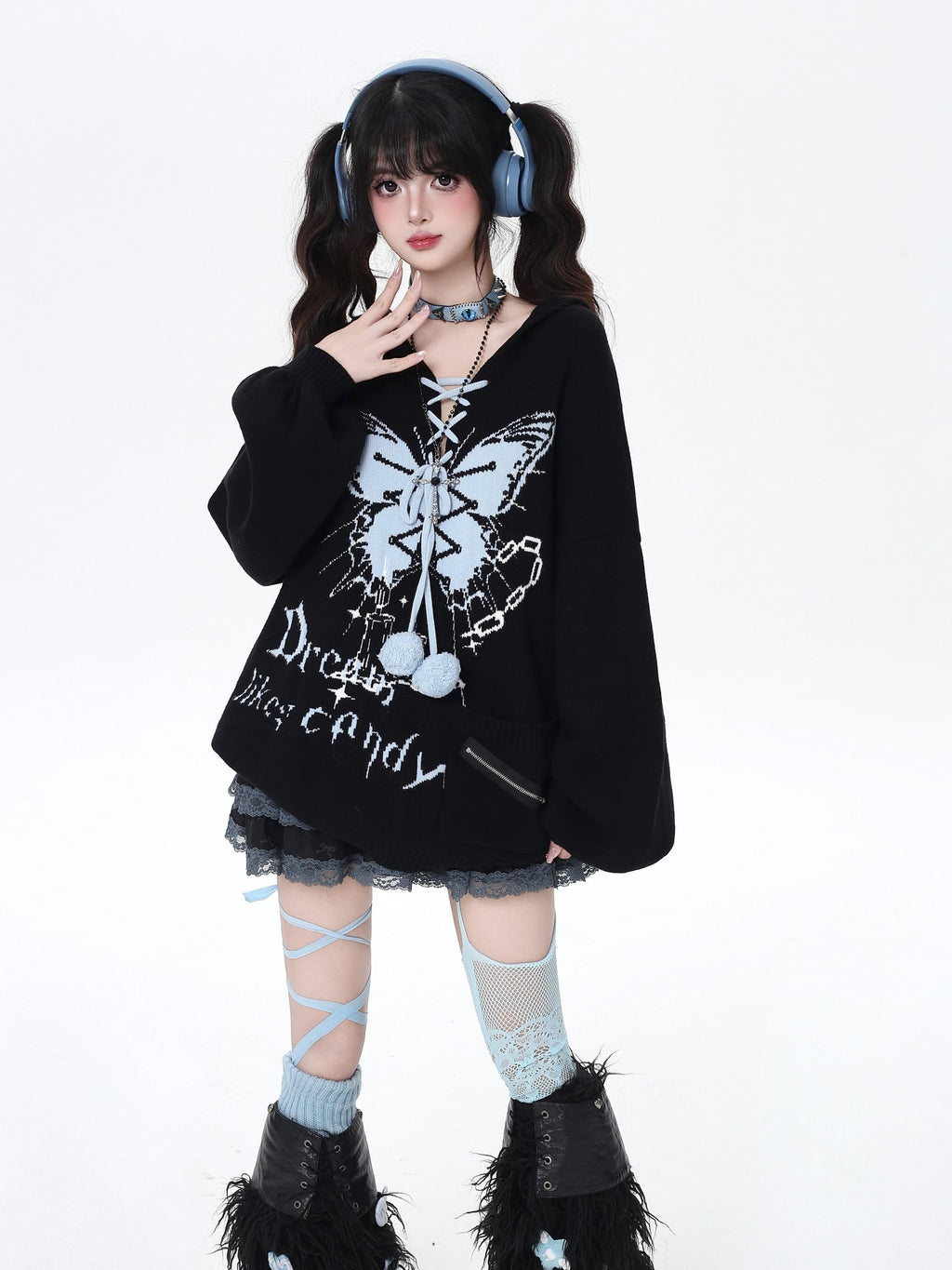 CRAZYGIRL Hooded V-neck Lantern Sleeve Loose Butterfly Print Bow Women's Sweaters