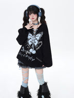 CRAZYGIRL Hooded V-neck Lantern Sleeve Loose Butterfly Print Bow Women's Sweaters