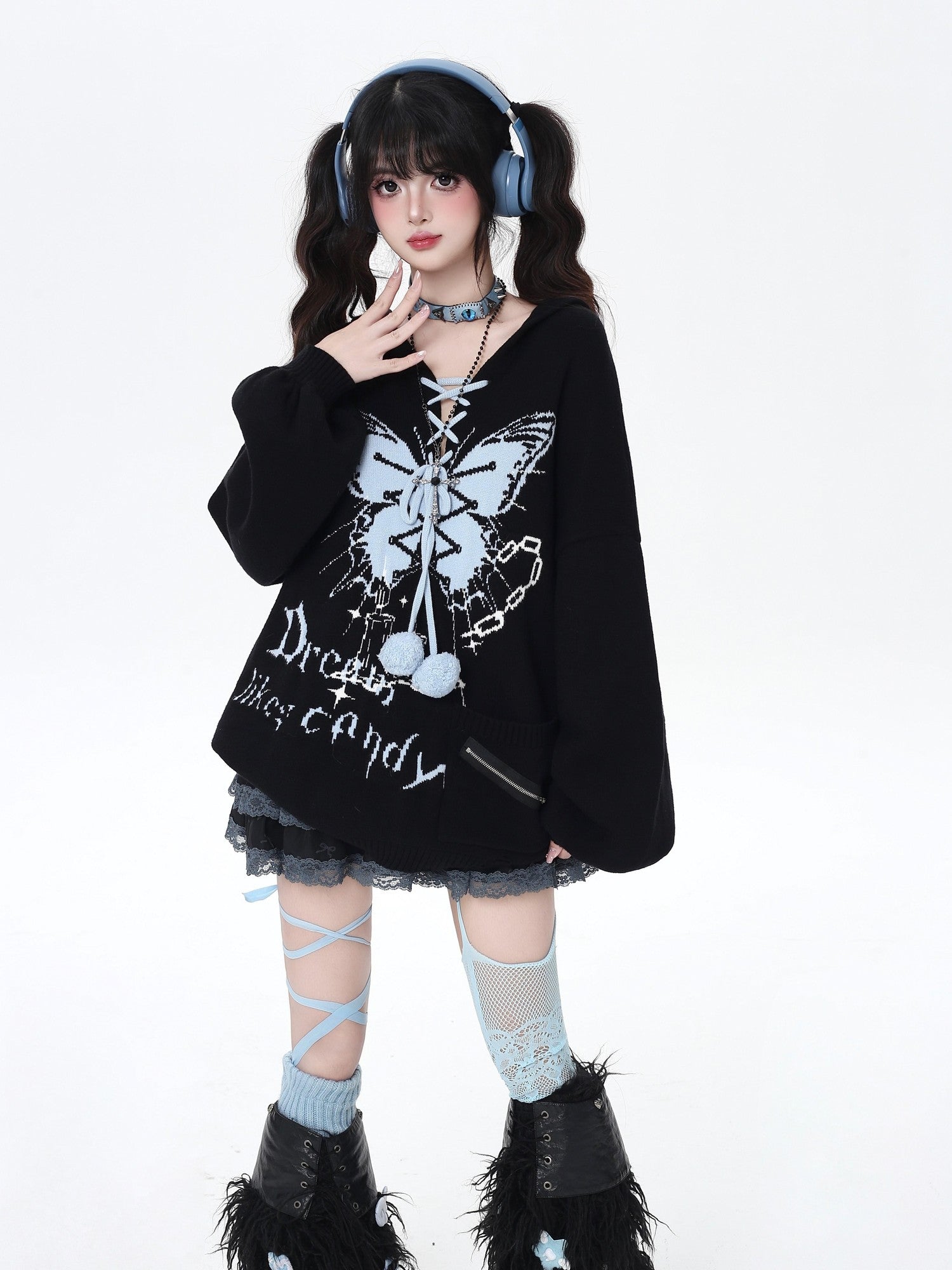 CRAZYGIRL Hooded V-neck Lantern Sleeve Loose Butterfly Print Bow Women's Sweaters