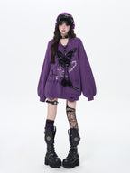CRAZYGIRL Hooded V-neck Lantern Sleeve Loose Butterfly Print Bow Women's Sweaters