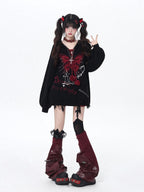 CRAZYGIRL Hooded V-neck Lantern Sleeve Loose Butterfly Print Bow Women's Sweaters