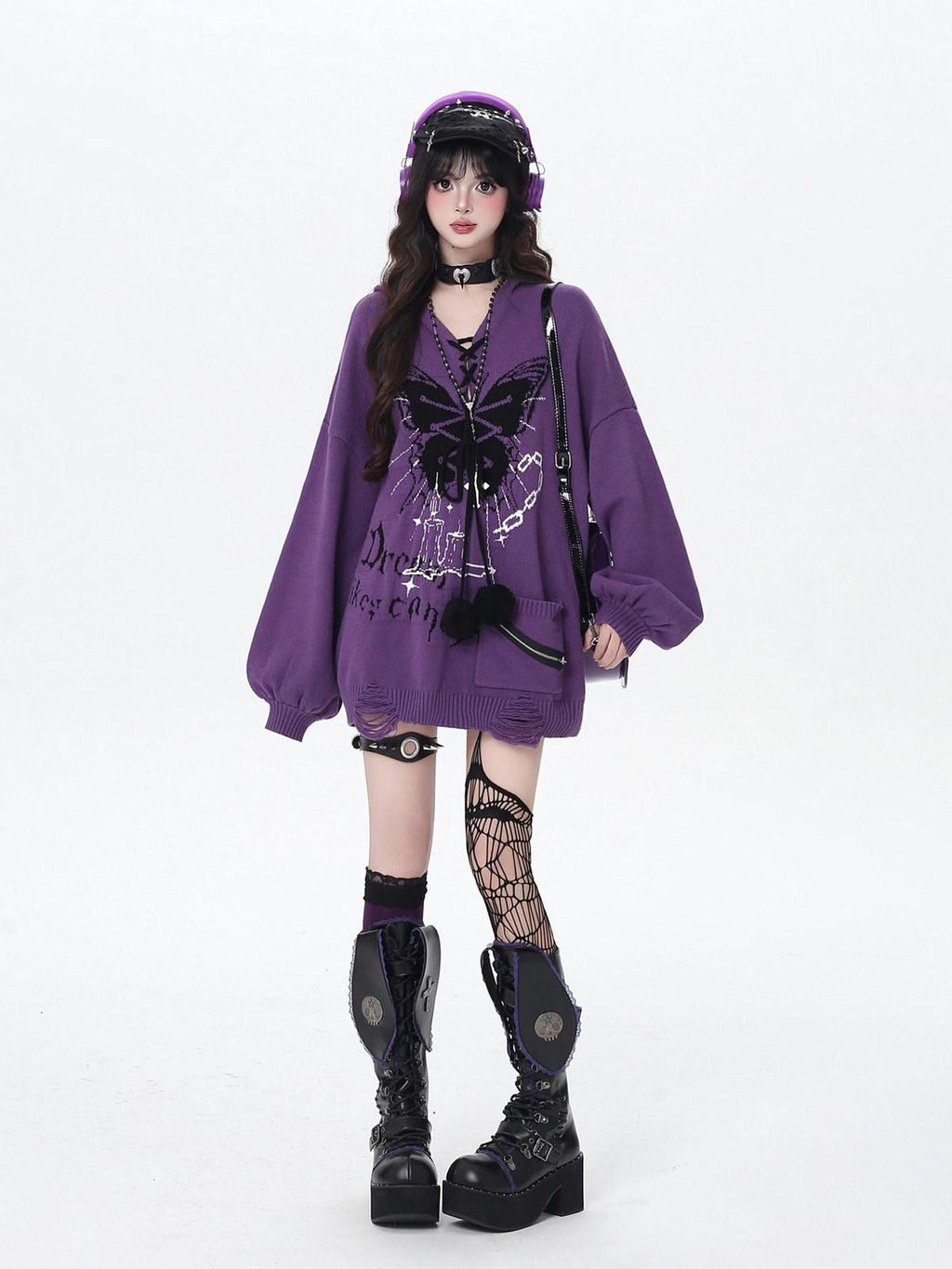 CRAZYGIRL Hooded V-neck Lantern Sleeve Loose Butterfly Print Bow Women's Sweaters