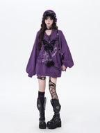 CRAZYGIRL Hooded V-neck Lantern Sleeve Loose Butterfly Print Bow Women's Sweaters