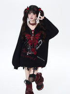 CRAZYGIRL Hooded V-neck Lantern Sleeve Loose Butterfly Print Bow Women's Sweaters
