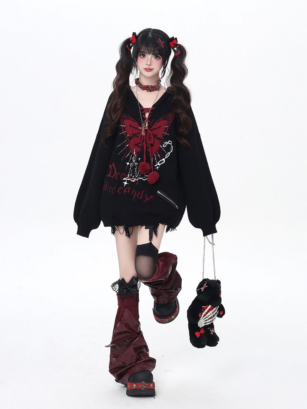 CRAZYGIRL Hooded V-neck Lantern Sleeve Loose Butterfly Print Bow Women's Sweaters