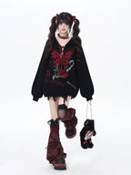 CRAZYGIRL Hooded V-neck Lantern Sleeve Loose Butterfly Print Bow Women's Sweaters