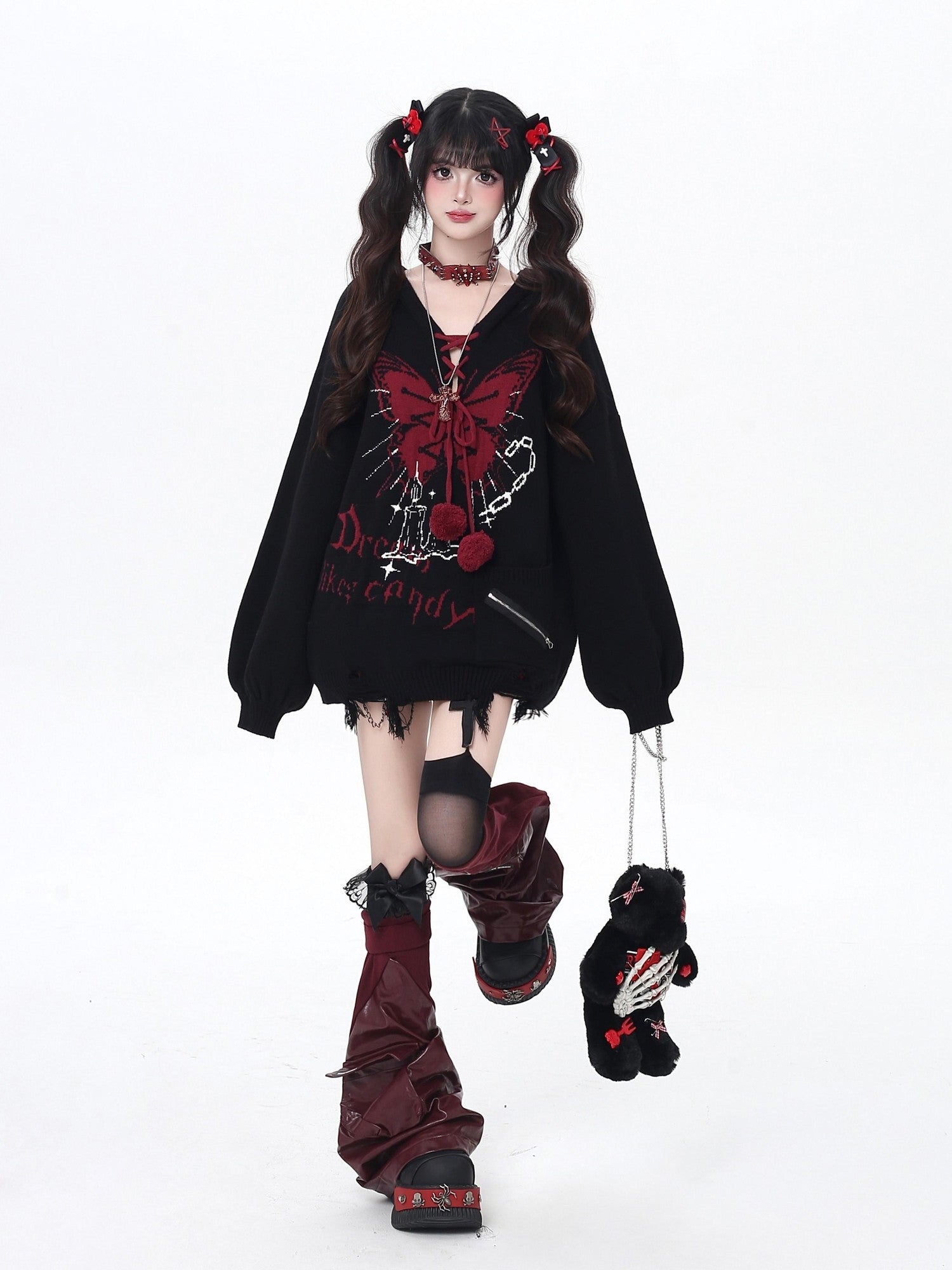 CRAZYGIRL Hooded V-neck Lantern Sleeve Loose Butterfly Print Bow Women's Sweaters