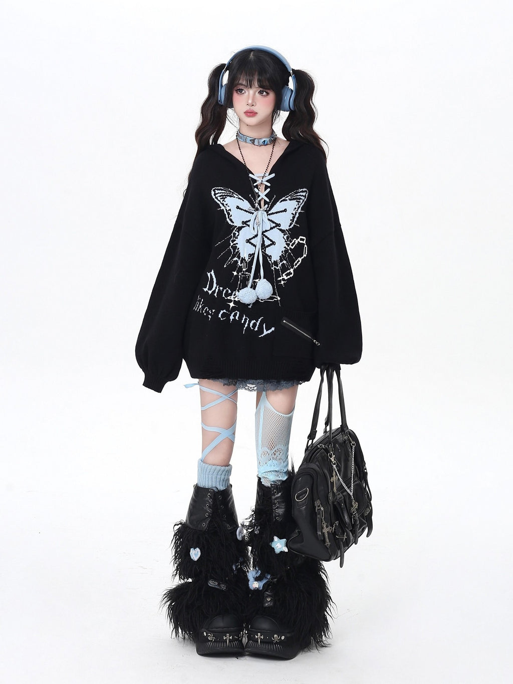 CRAZYGIRL Hooded V-neck Lantern Sleeve Loose Butterfly Print Bow Women's Sweaters
